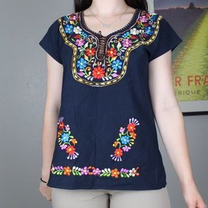 Vintage Tops - Navy blue floral embroidered blouse🌞 Vintage Tops - Navy blue floral embroidered blouse🌞